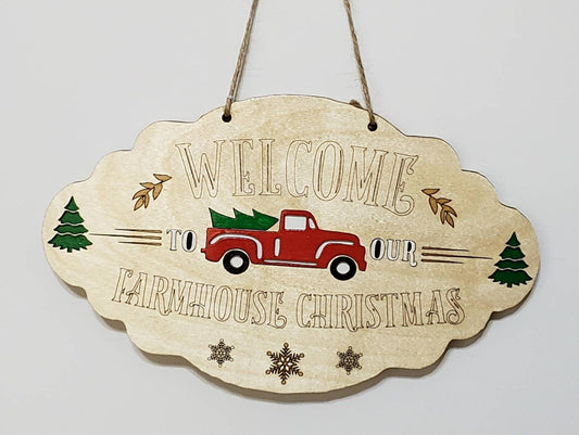 Red Farmhouse Christmas Truck, Santa Sign, Christmas Sign, Red Truck, Christmas Tree. North Pole